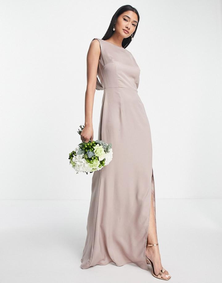 Little Mistress Bridesmaid Satin Maxi Dress With Open Back In Mink-pink