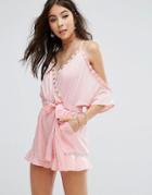 Kiss The Sky Cold Shoulder Romper With Ruffle Hem - Pink