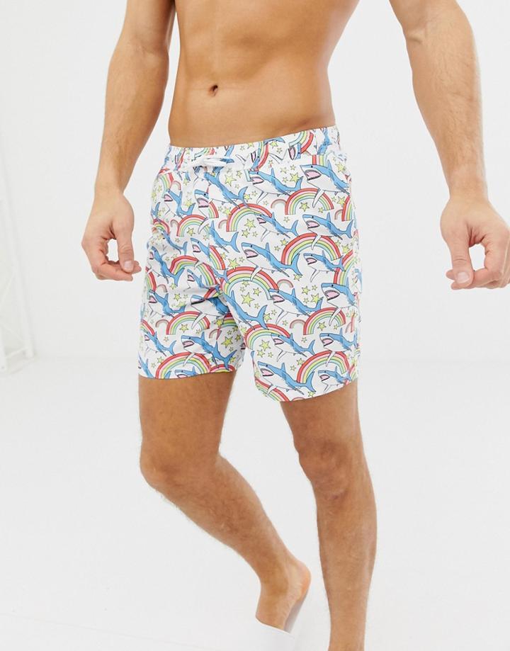 Asos Design Swim Shorts With Rainbow Shark Print In Mid Length-multi