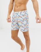 Asos Design Swim Shorts With Rainbow Shark Print In Mid Length-multi