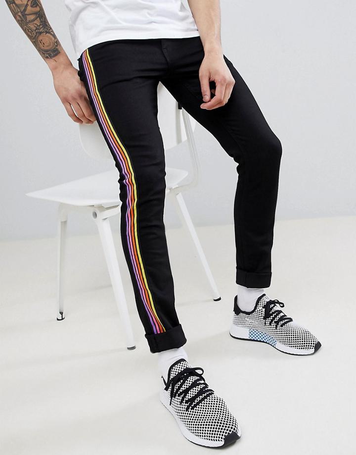 Asos Design Super Skinny Jeans In Black With Multicoloured Side Stripe - Black