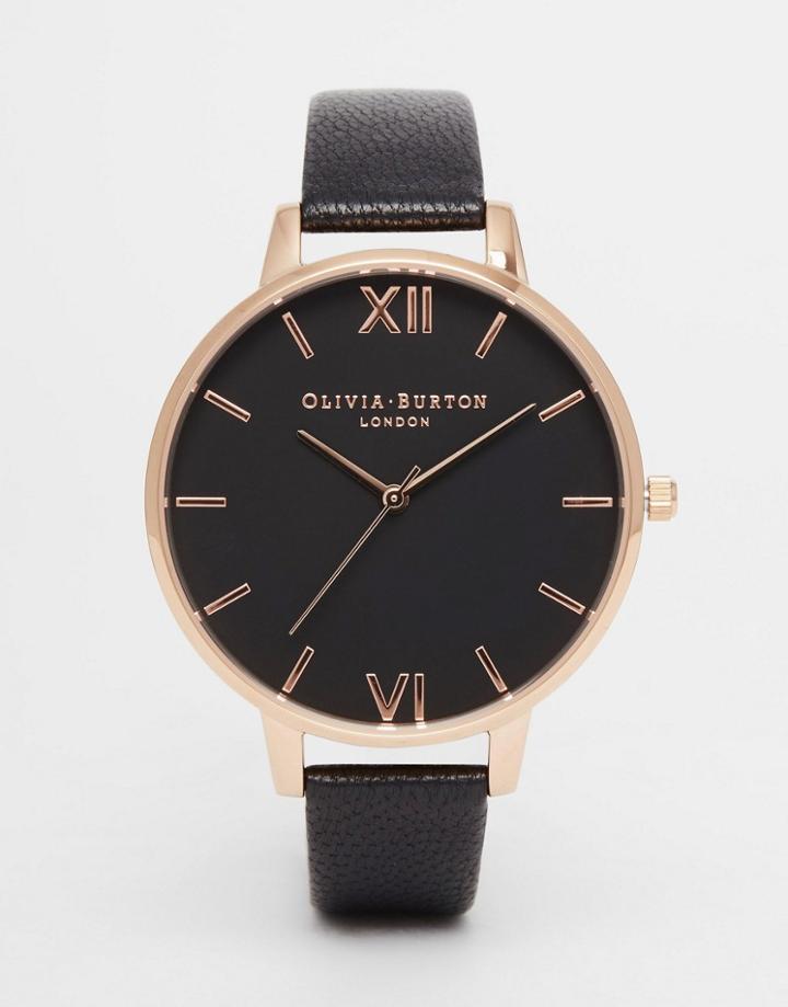 Olivia Burton Ob15bd66 Big Dial Leather Watch In Black & Rose Gold