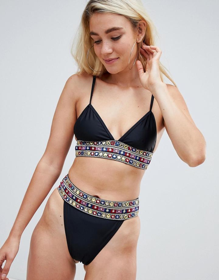 Prettylittlething Embroidered High Waist Bikini Bottom - Black