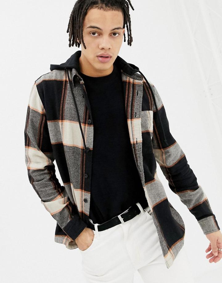 Pull & Bear Check Over Shirt With Jersey Hood - Brown