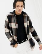 Pull & Bear Check Over Shirt With Jersey Hood - Brown