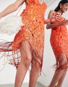 Asos Edition Sequin Cutwork Cami Midi Dress With Fringe Hot Orange