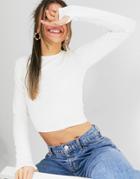 Asos Design Long Sleeve Crop Top With Thumb Hole In Washed Bone-neutral