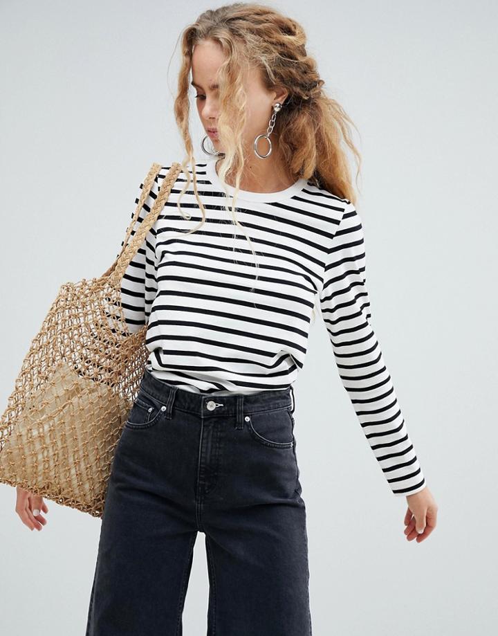 Weekday Long Sleeve Stripe Top In Black And White - Black