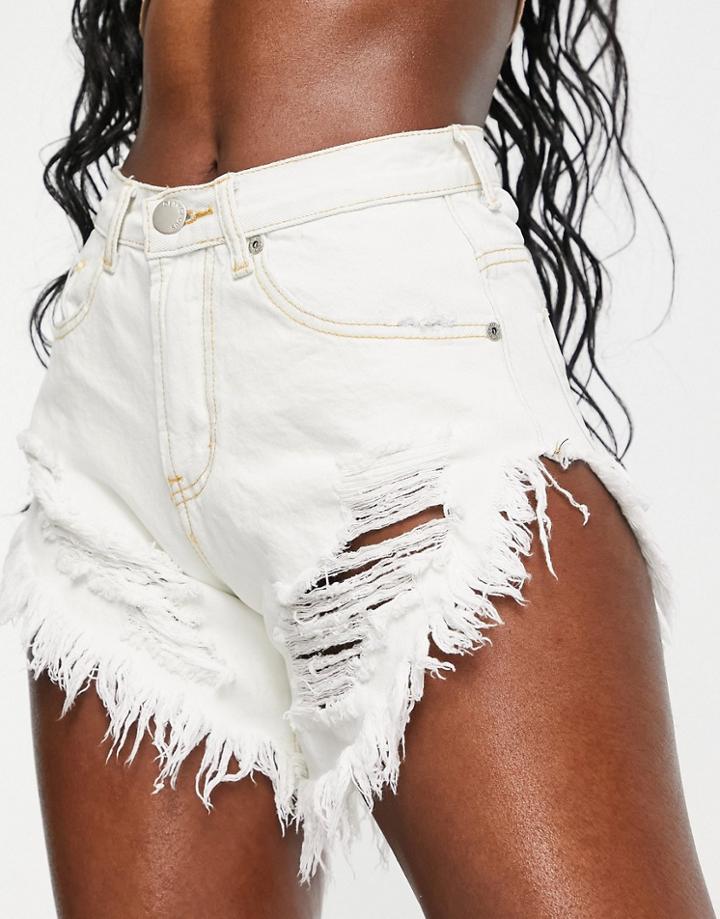 Glamorous High Waisted Longer Line Bleached Denim Shorts With Distressed Hem-blue