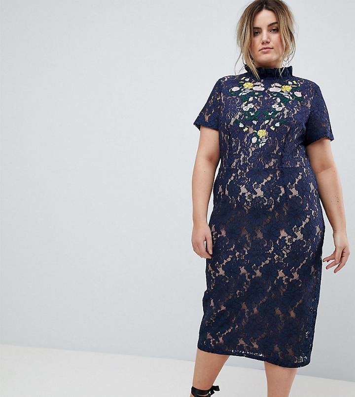 Lovedrobe Midi Pencil Dress With Embroidery - Navy