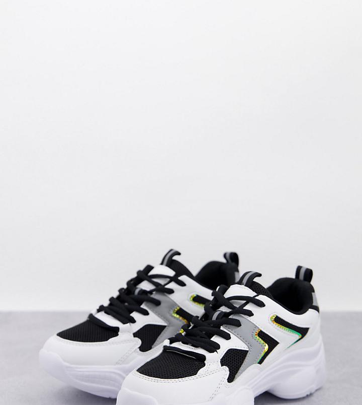Truffle Collection Wide Fit Chunky Sporty Runner Sneakers In White And Black