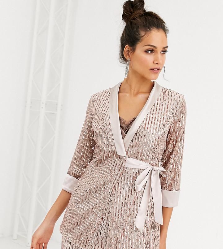 Little Mistress Tall Tailored Sequin Wrap Blazer In Rose Gold Two-piece