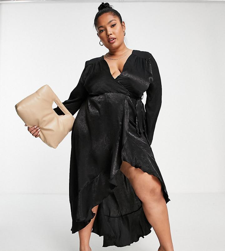 Flounce London Plus Long Sleeve Wrap Maxi Dress In Black