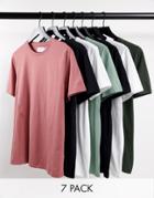 Topman 7 Pack Organic Classic T-shirt In White, Black, Green And Burgundy-multi