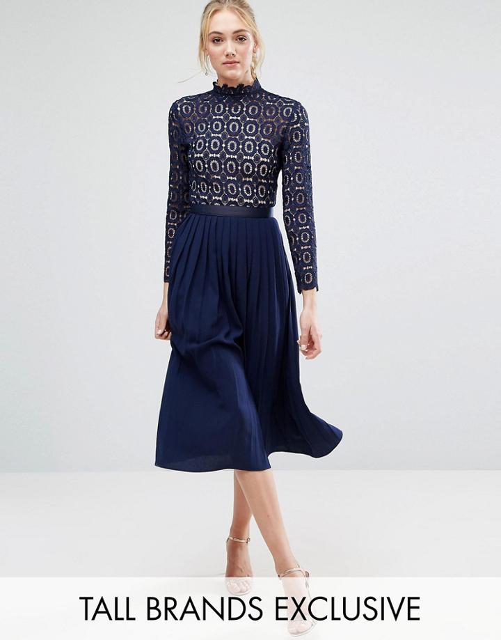 Little Mistress Tall Long Sleeve Lace Top Pleated Midi Dress - Navy