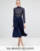 Little Mistress Tall Long Sleeve Lace Top Pleated Midi Dress - Navy