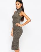 Club L High Neck Marl Rib Detail Bodycon Midi Dress - Camel