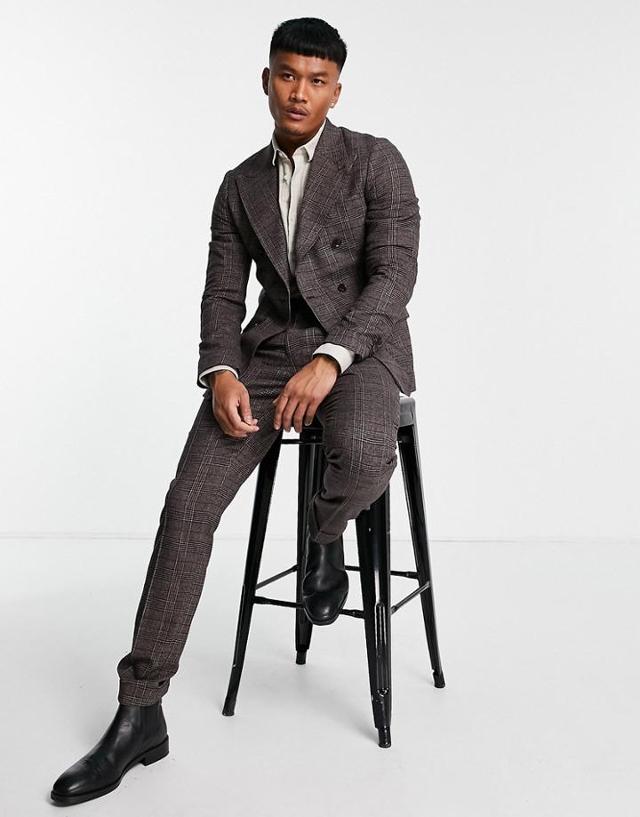 Gianni Feraud Slim Fit Double Pleated Turn Up Check Suit Trousers-brown