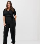 Prettylittlething Plus Plisse Wrap Front Jumpsuit In Black - Black