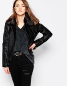 Brave Soul Pu Biker Jacket With Faux Fur Detachable Collar - Black
