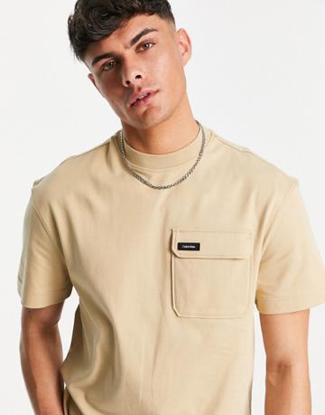 Calvin Klein Cotton Blend Comfort T-shirt With Pocket In Sand - Camel-neutral