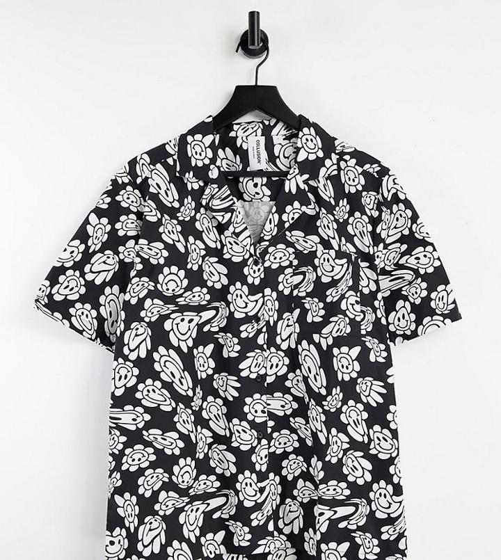Collusion Unisex Revere Shirt With Warped Print In Black - Part Of A Set