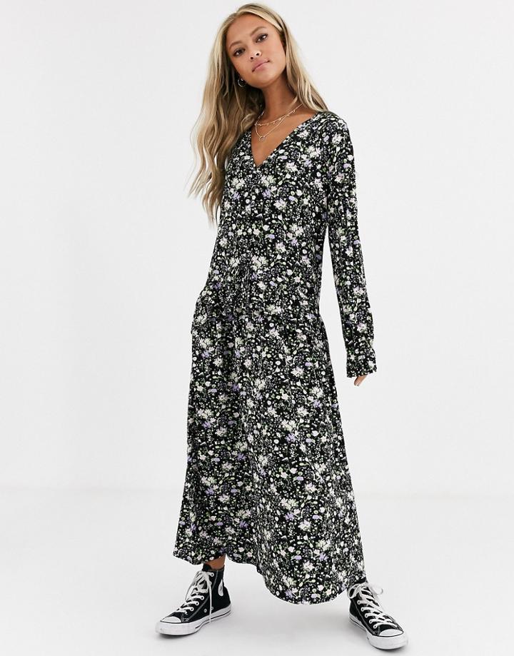Asos Design Ditsy Print Smock Dress With Buttons And Frill