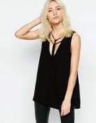Neon Rose Tunic Top With Tie Neck Detail - Black