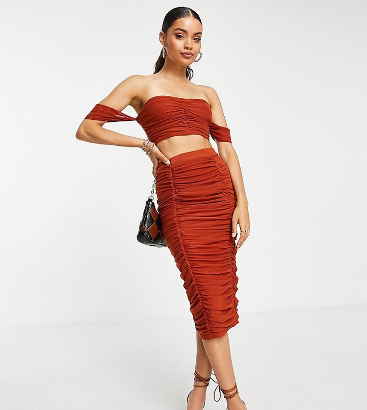 Jaded Rose Petite Ruched Slinky Crop Top In Slate - Part Of A Set-brown