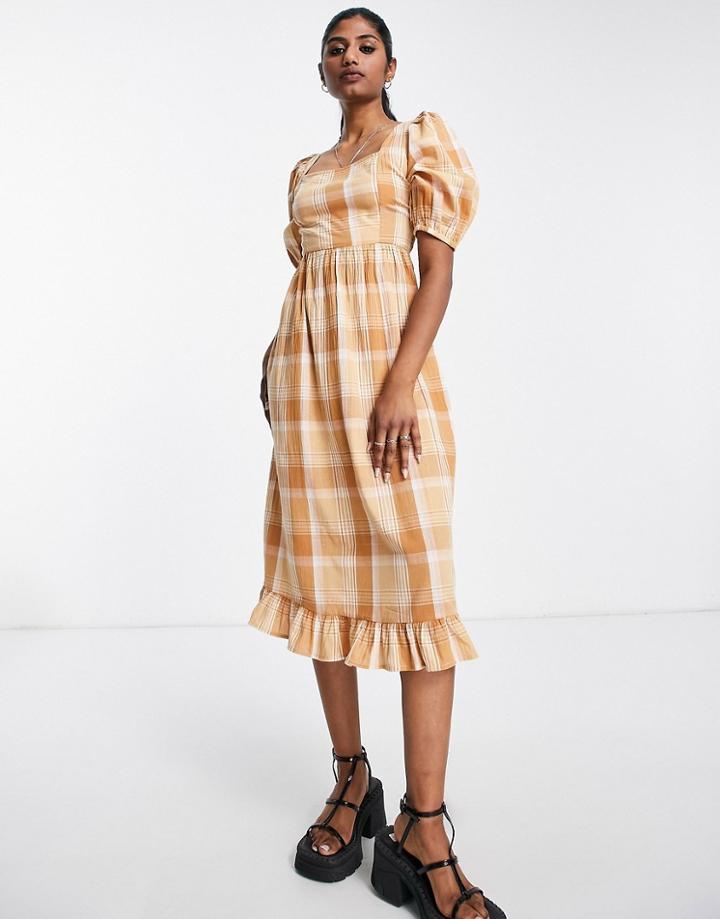 Violet Romance Puff Sleeve Midi Dress In Plaid-multi