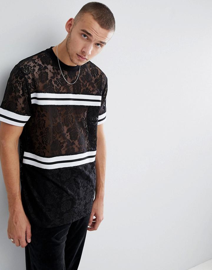 Asos Longline T-shirt In Lace With Monochrome Rib Taping - Black