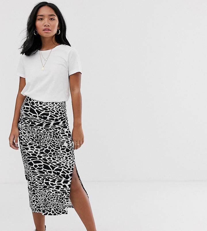 Asos Design Petite Jersey Midi Skirt With Split In Mono Animal-multi