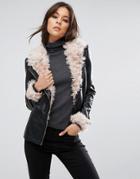 Missguided Black Faux Fur Detail Faux Leather Jacket - Black