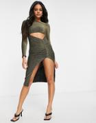 Fashionkilla Glitter Cut Out Long Sleeve Midi Dress In Gold