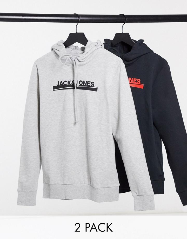Jack & Jones 2-pack Logo Hoodie In Black And Gray-multi