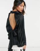 Asos Design Satin Shirt With Open Back In Black