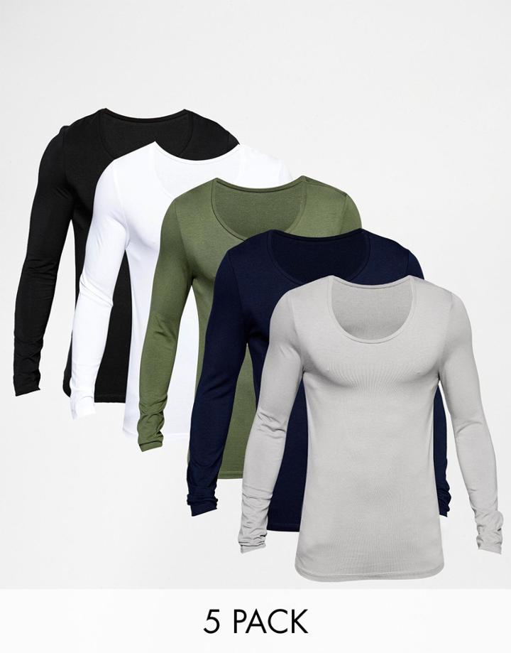 Asos Extreme Muscle Long Sleeve T-shirt With Scoop Neck 5 Pack Save 25%