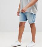 Asos Plus Denim Shorts In Slim Light Wash With Abrasions - Blue