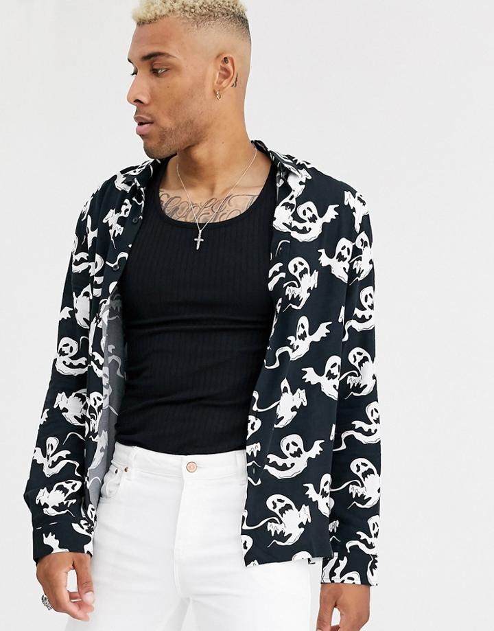 Asos Design Halloween Ghost Regular Fit Shirt In Black