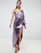 Asos Design 70s Metallic Sleeve Detail Midi Dress - Purple