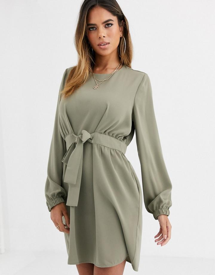 Asos Design Chuck On Tie Waist Mini Dress With Long Sleeves