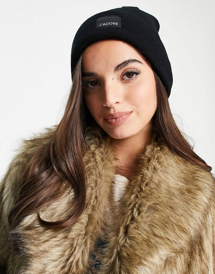 My Accessories London Basic Beanie With J'adore Badge In Black