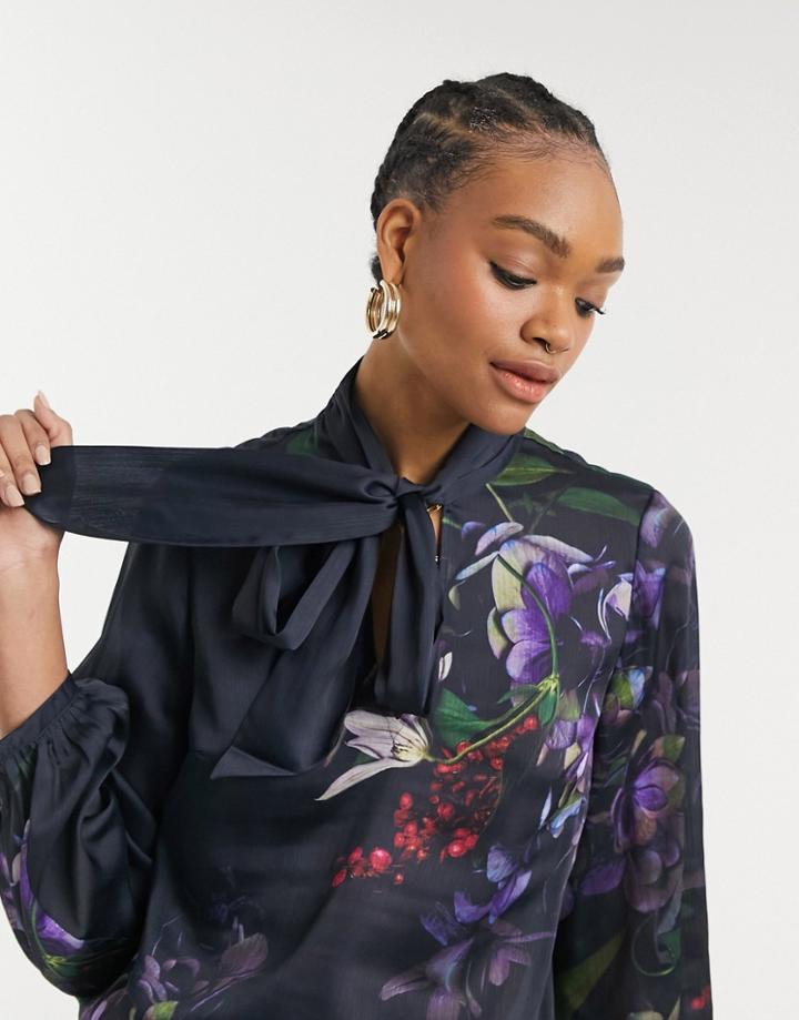 Ted Baker Kelinna Pomegranate Tie Neck Top In Navy