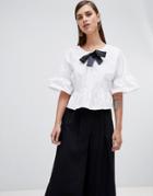 Unique 21 Frill Hem Top With Contrast Bow - White