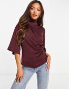 Asos Design High Neck Drape Top With Flutter Sleeve And Ruched Side In Burgundy-red