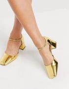 Asos Design Spirit Square Toe Mary Jane Mid Heels In Gold