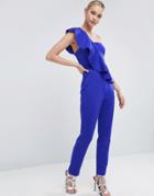 Asos Jumpsuit In Scuba With One Shoulder Ruffle - Multi