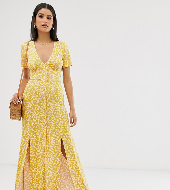 Asos Design Tall Button Through Maxi Tea Dress With Splits In Ditsy Print-multi