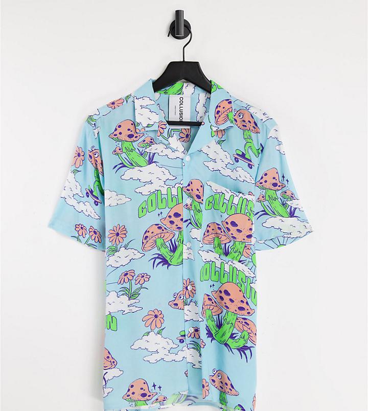 Collusion Unisex Boxy Revere Mushroom Print Shirt In Blue-blues