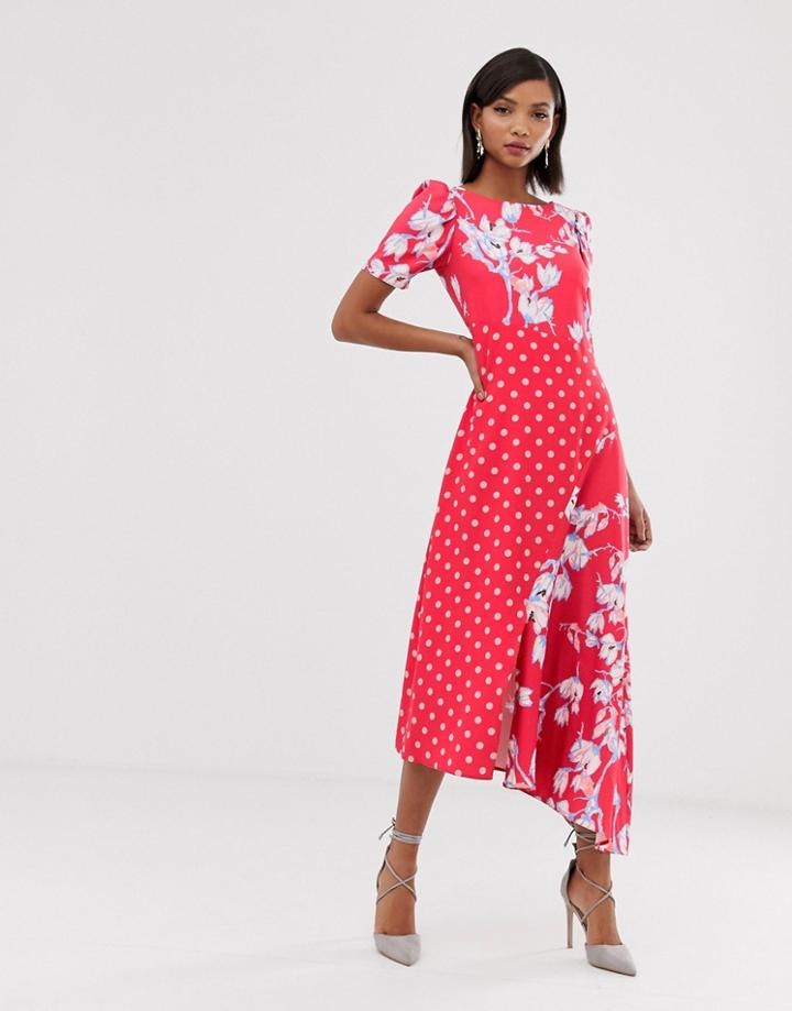 Closet London Shift Dress With Fluted Cap Sleeve In Polka Floral Splice Print - Multi